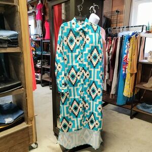 NWT Crazy Train S Sally Ride Turquoise Aztec Hi Low Button Down Duster D…